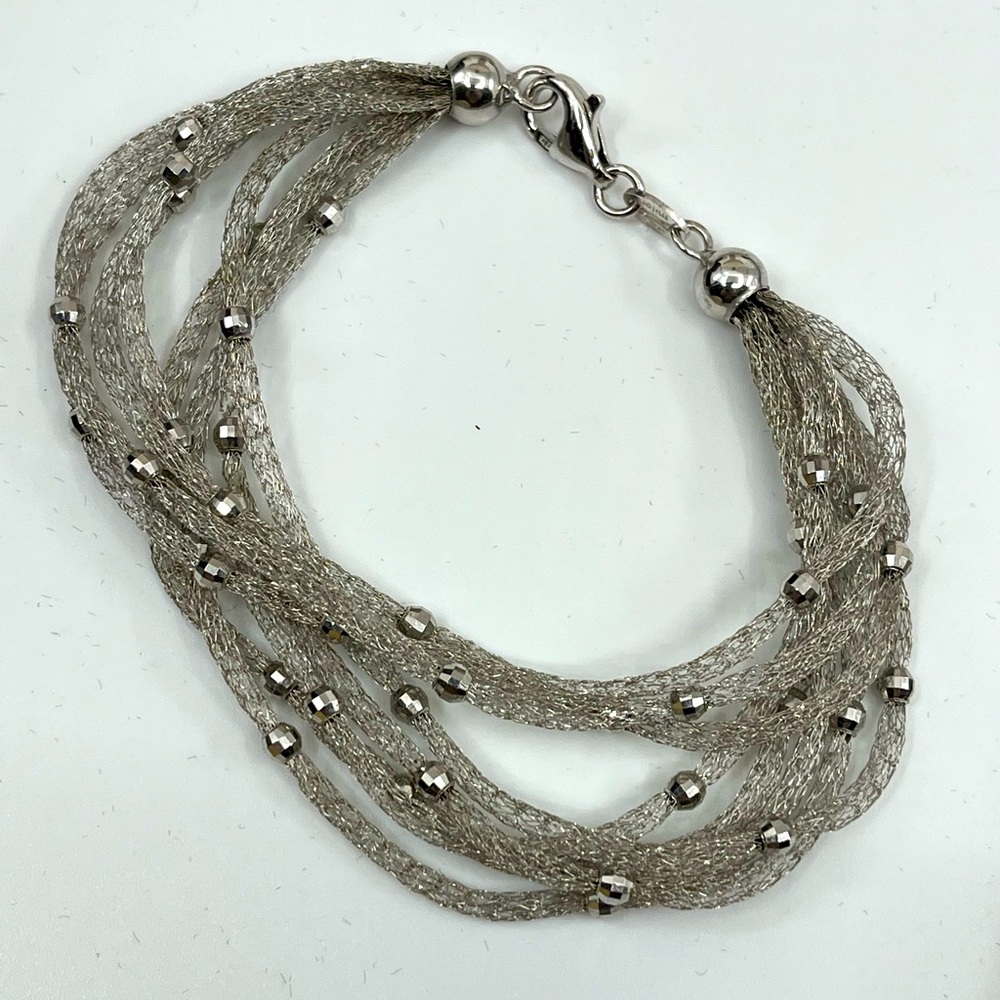 Vintage Ross Simons 925 Sterling Silver Mesh Bracelet With Beaded Accents